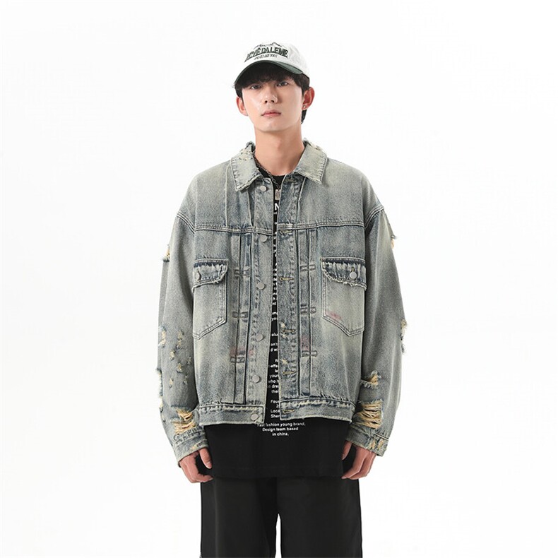 复古破洞牛仔外套男款宽松做旧涂鸦水洗翻领牛仔夹克JK1084-P78,男装工装外套,星座1103-3