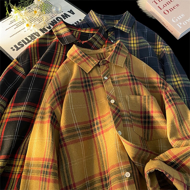 港风复古格子长袖衬衫男女中性衬衣外套C2214-P30【特价】，男装衬衫，电商A007