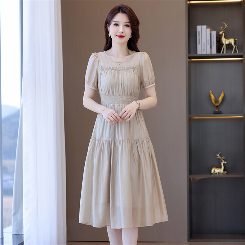 杭州连衣裙女高端气质时尚显瘦短袖纯色小个子天丝中长款裙,女装连衣裙,阳光伊恋