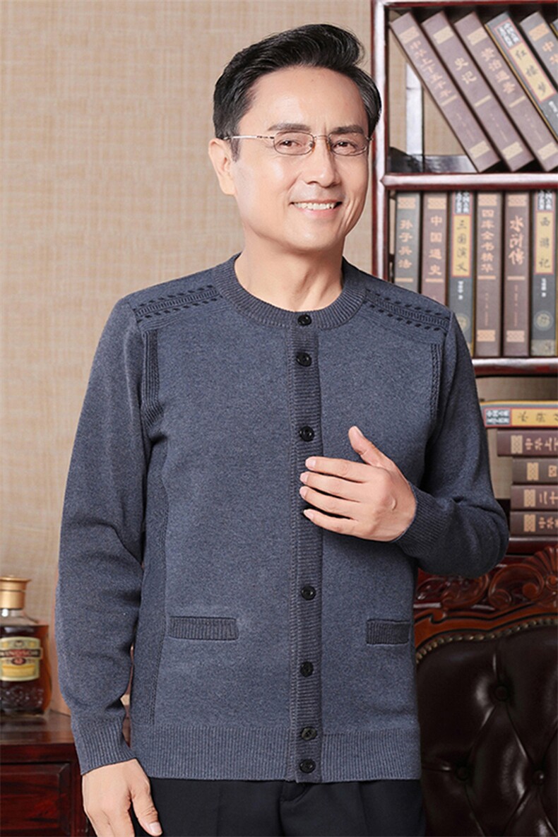 中老年男士圆领加绒加厚针织开衫上衣冬季新款商务休闲保暖打底衫,男装针织衫/毛衣,电商B212（原钱塘6029）