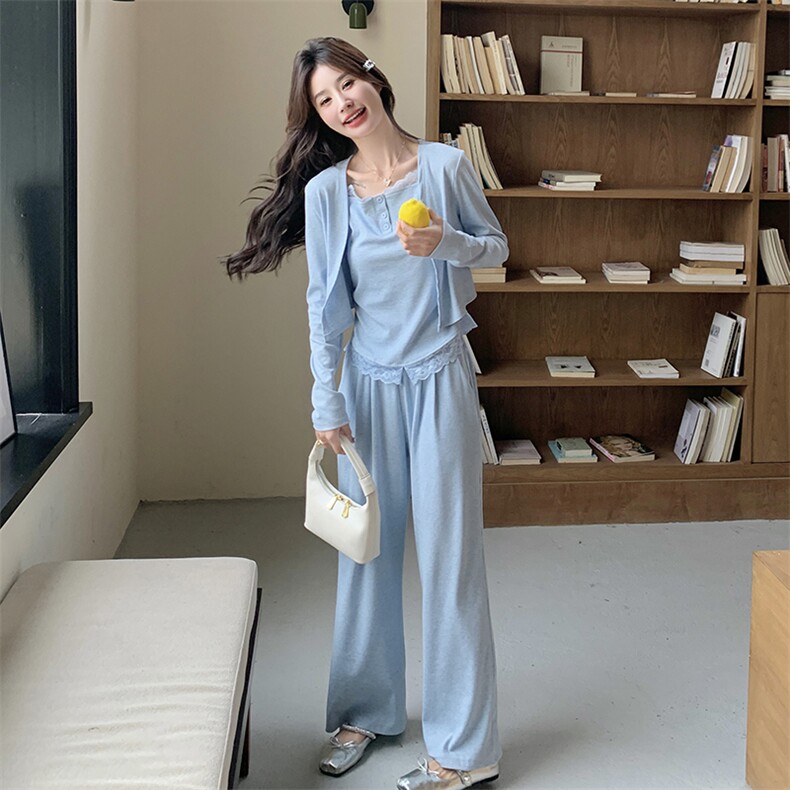 蓝色休闲运动时尚套装女2025春季新款韩系慵懒风小个子减龄三件套图片