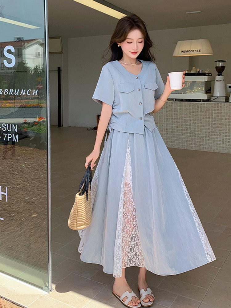 时尚松弛感休闲上衣套装裙女2025年夏季新款蕾丝拼接半身裙两件套,女装套装/套裙,浙宝220