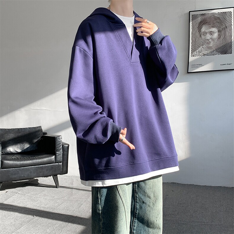 8XL-M叠穿假两件卫衣重磅连帽V领拼接套头衫宽松大码外套WY006P65,男装卫衣,电商B312