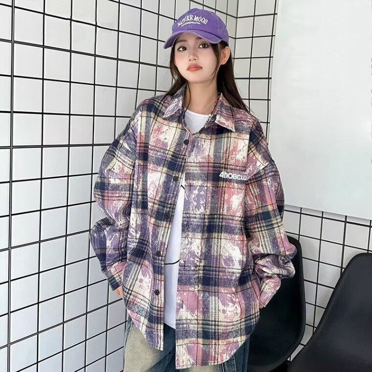 春秋季新品男女情侣重磅扎染工艺格子衬衫长袖宽松休闲复古百搭,男装衬衫,星座506A