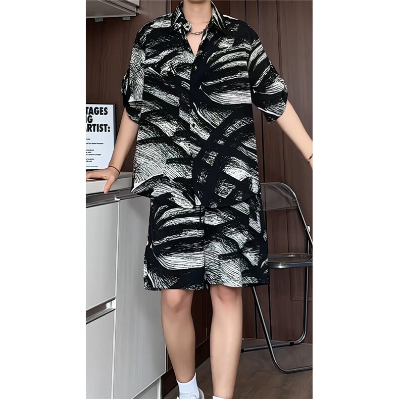 短袖衬衫男+短裤男套装男100%聚酯纤维M-5XL大码TZ78716P50控98,男装牛仔裤,星座226-1