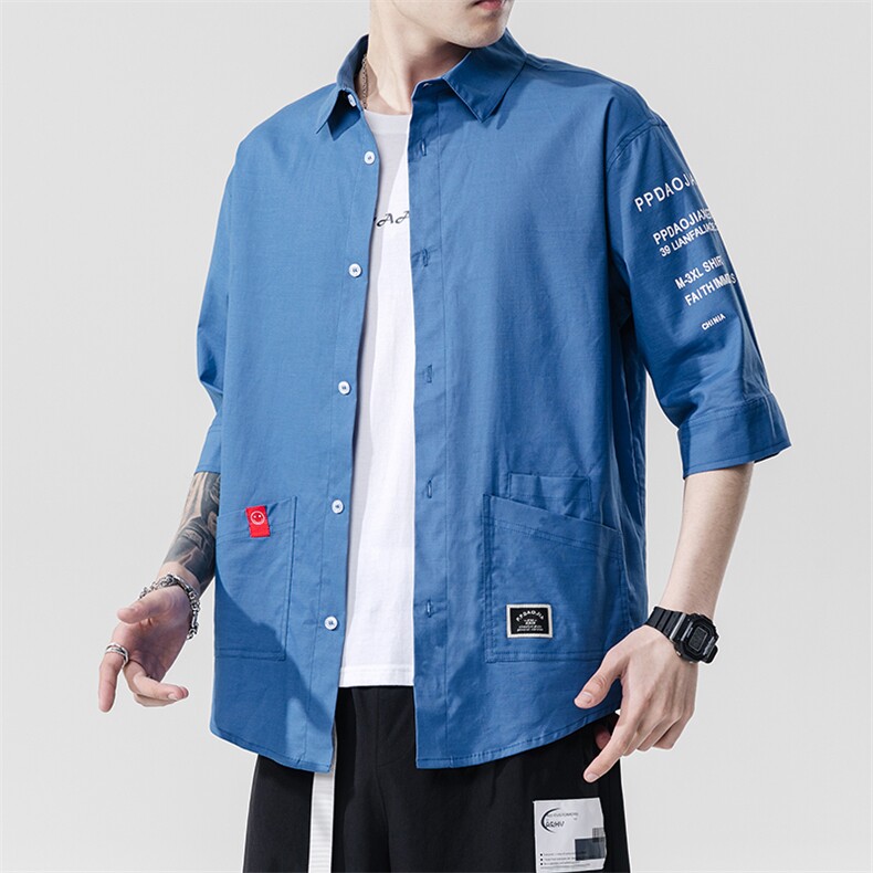 2021夏季新日系大码男无影墙个性印花绣标宽松七分袖衬衫C553-P40,男装衬衫,电商A001