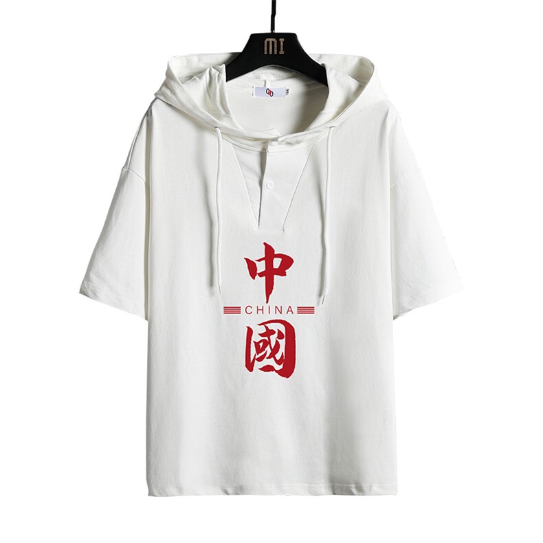 LD54198-P45连帽短袖t恤男大码胖子带帽五分袖中袖网格挂拍,男装T恤,电商A040A