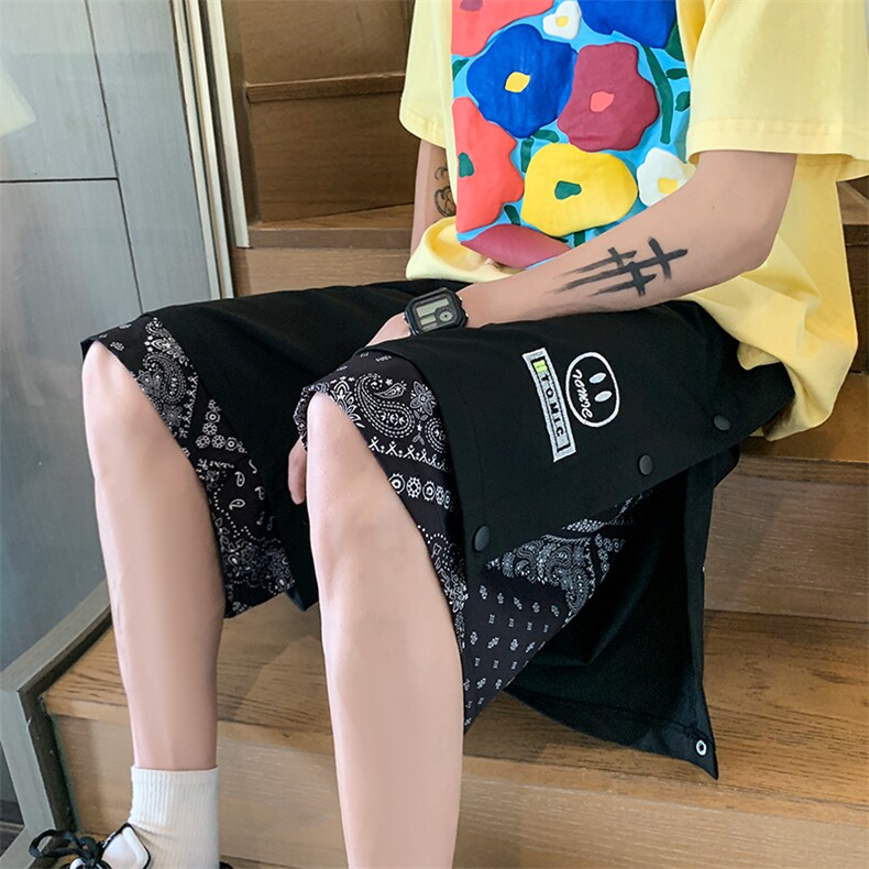 夏季新款港风大码腰果花排扣刺绣笑脸假两件短裤M-5XL-DK2203-P45图片