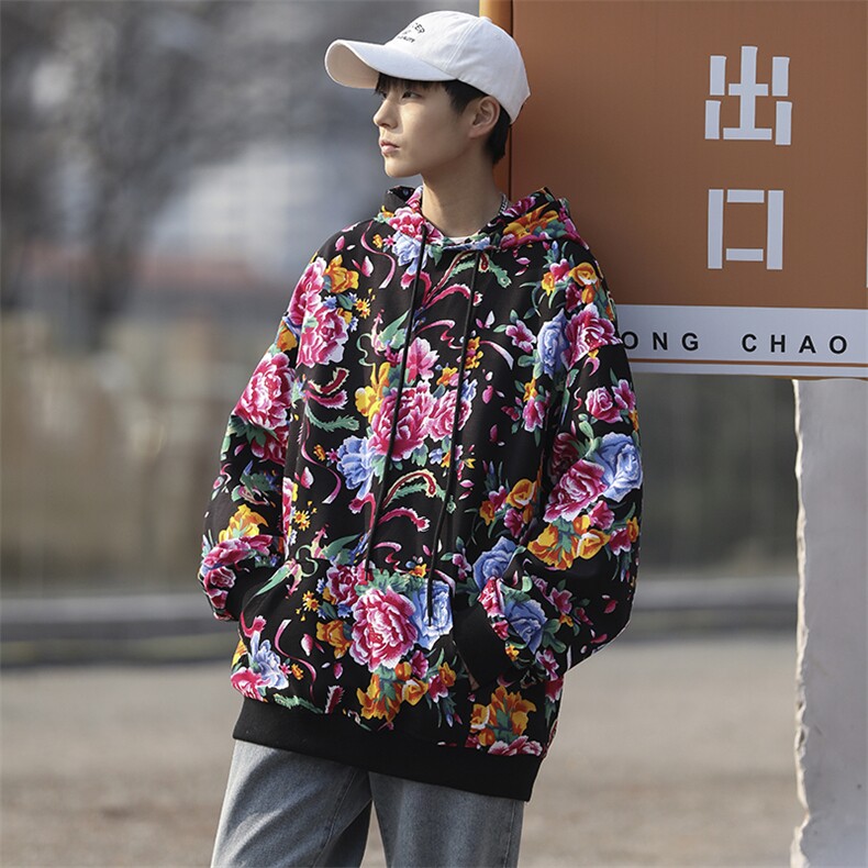 W203秋新款男女团队服大花连帽卫衣外套潮民族特色花卫衣情侣装图片