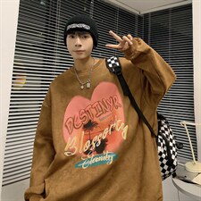 2025秋装发泡印花麂皮绒爱心情侣卫衣外套宽松上衣G1020P58男，女装短外套，电商A339