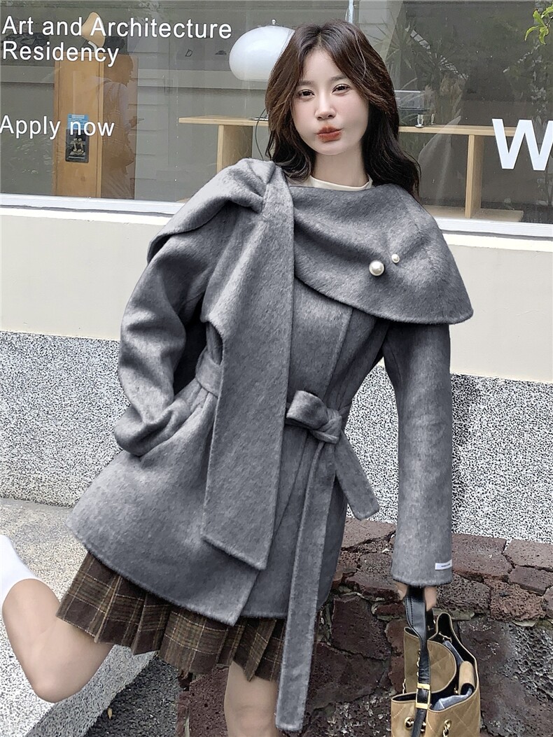 双面羊毛呢短外套女2025秋冬新款可脱卸围巾领两穿小个子呢子大衣,女装双面呢大衣,琦鑫阁（原依鑫阁）