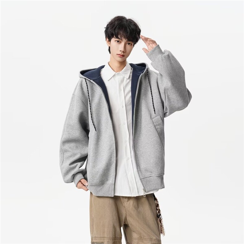 卫衣男秋冬季新款美式复古格纹户外运动连帽开衫外套，女装短外套，星座813-2