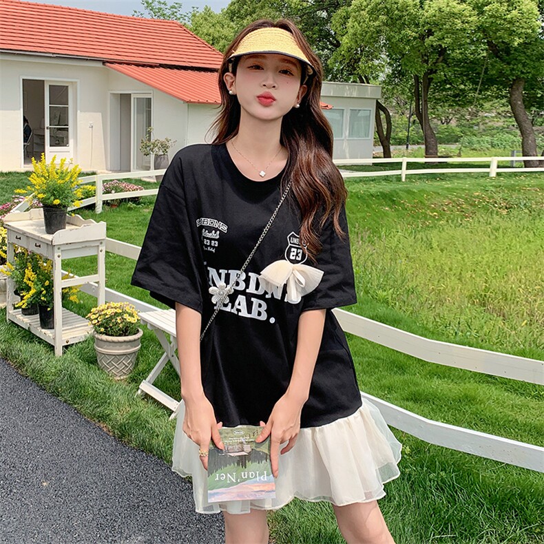 法式俏皮T恤撞色连衣裙女2025夏季新款韩版宽松显瘦网纱拼接短裙,女装连衣裙,灵力轩