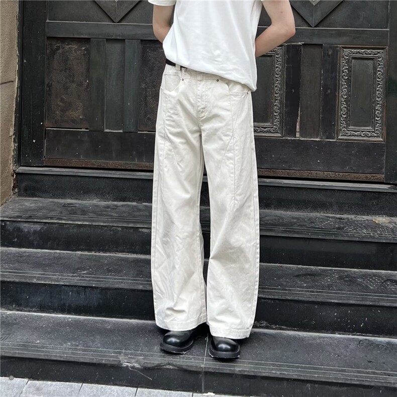 美式复古高街纯色秋季弯刀牛仔裤男女宽松休闲直筒阔腿裤图片