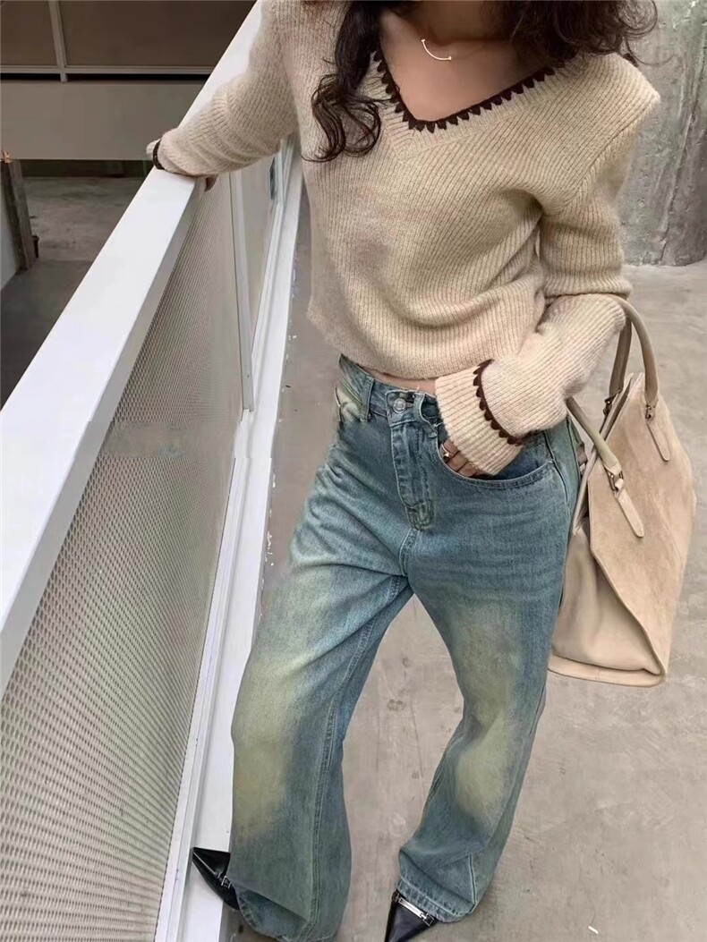 秋冬韩版V领拼色百搭针织打底衫女短款高腰毛衣时髦外穿,针织衫/毛衣,半城羊绒