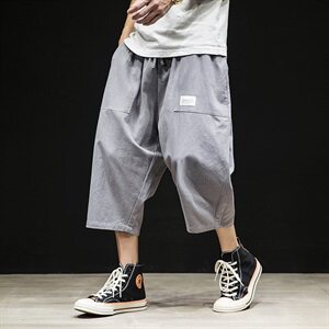 K659--P35 2021新款休闲大码男士亚麻短裤日系潮牌棉麻七分阔腿裤图片