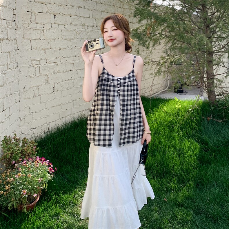 法式格子吊带拼接连衣裙女夏2025新款超好看独特漂亮减龄甜美长裙,女装连衣裙,2C015