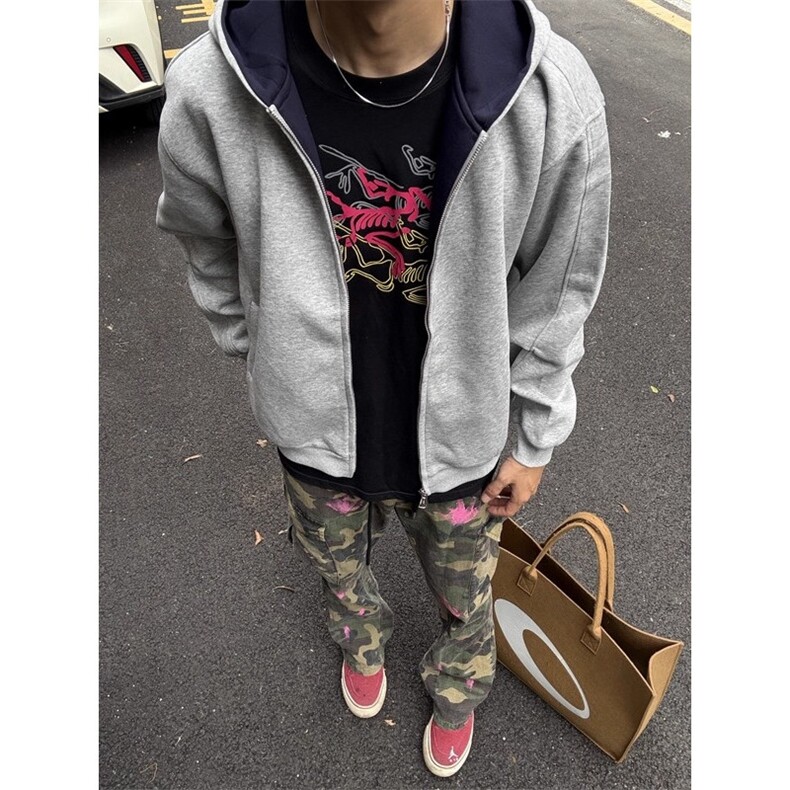 灰色重磅拉链开衫卫衣男款秋季宽松休闲连帽外套拼接运动情侣夹克,男装夹克,四季星座505