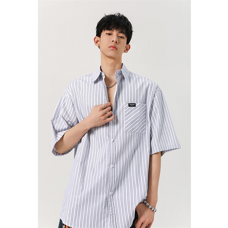 条纹短袖衬衫男美式潮牌高级感外套学院风休闲衬衣百搭上衣993P45，男装T恤，星座710
