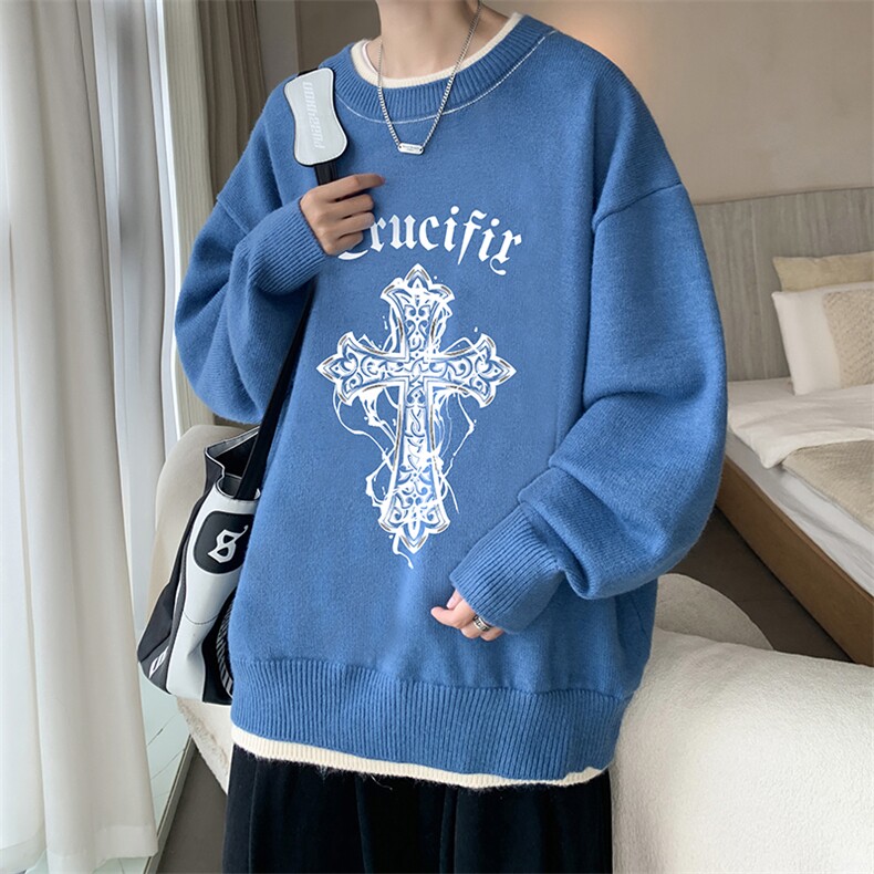 控78 假两件毛衣男大码加绒针织衫男毛线衣M80268-P55  加绒P70图片