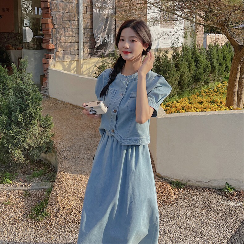 新款现货主推泡泡袖牛仔休闲两件套裙212A-605-P135-K188,女装套装/套裙,浙宝212A