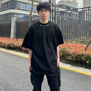 痞帅金属纽扣装饰设计感短袖T恤男夏季cleanfit宽松垫肩潮牌半袖图片