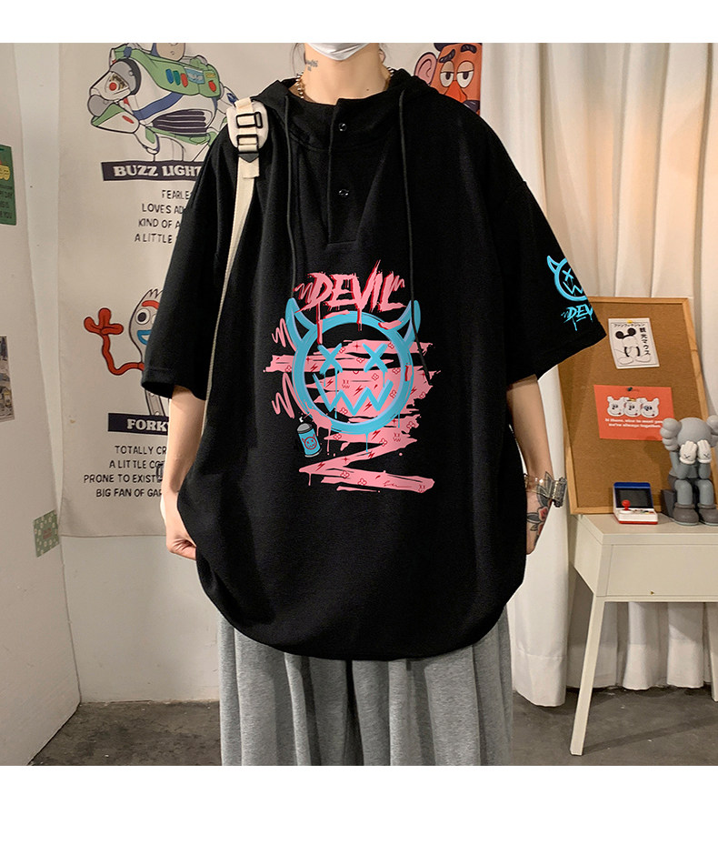 LD54181-P45连帽短袖t恤男大码胖子带帽五分袖中袖海报风,男装T恤,电商A040