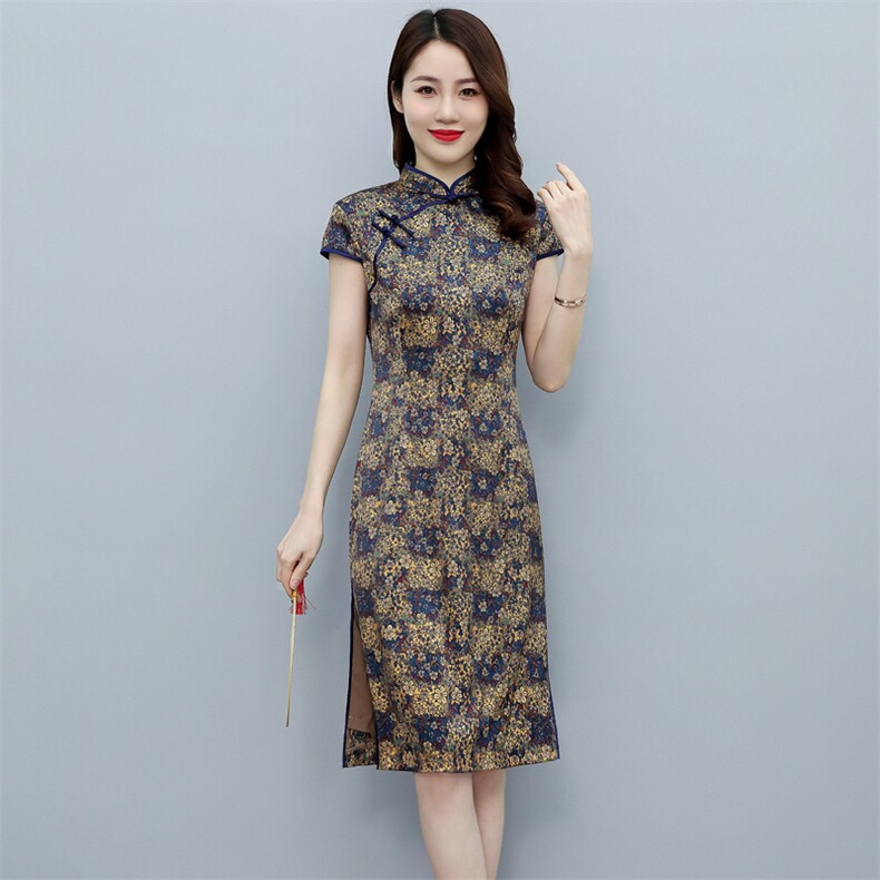 杭州丝绸弹力缎重磅真丝双层旗袍中长款气质显瘦婚礼服连衣裙,女装连衣裙,媚琳依坊