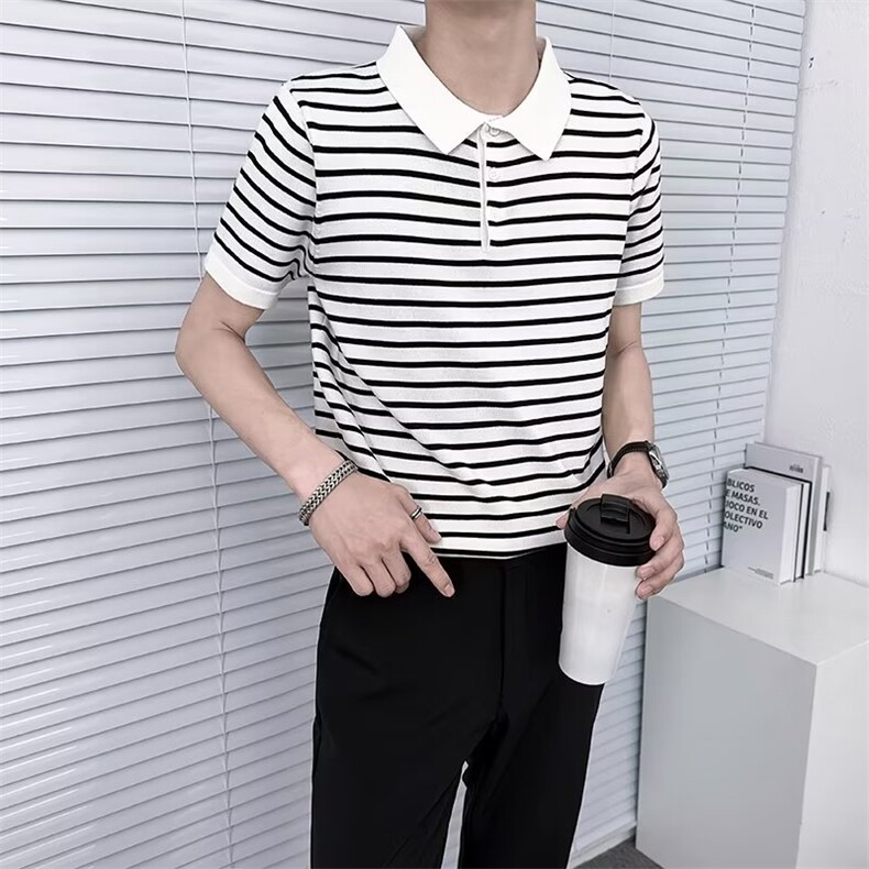 夏季薄款黑白条纹短袖polo衫男款修身透气男士韩版针织衫TM20,男装针织衫/毛衣,星座1116A-2（原606A-1）