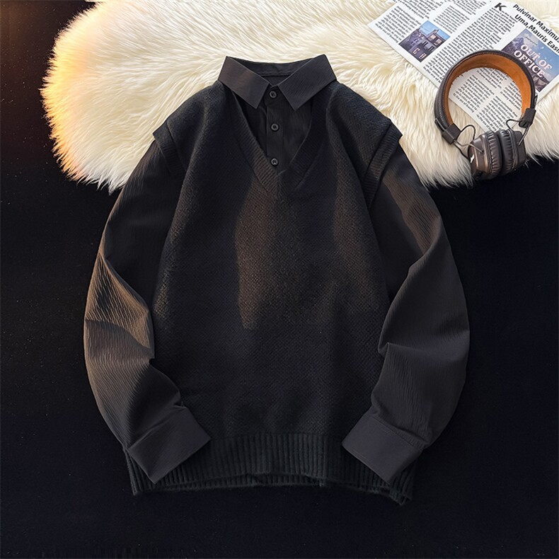 主推款男士假两件衬衫领新款刺绣针织打底衫CS91-P68，男装T恤，电商B278