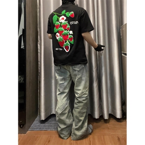 网图有货 夏季美式高街草莓印花纯棉情侣短袖宽松t恤男女A464-P25图片