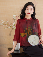 新中式中老年重磅真丝半袖上衣夏季妈妈女桑蚕丝时尚T恤衫，女装衬衫，媚琳依坊