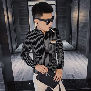 秋季时尚条纹弹力长袖修身衬衫社会小伙潮男衬衣C301B-CS06-P50特图片