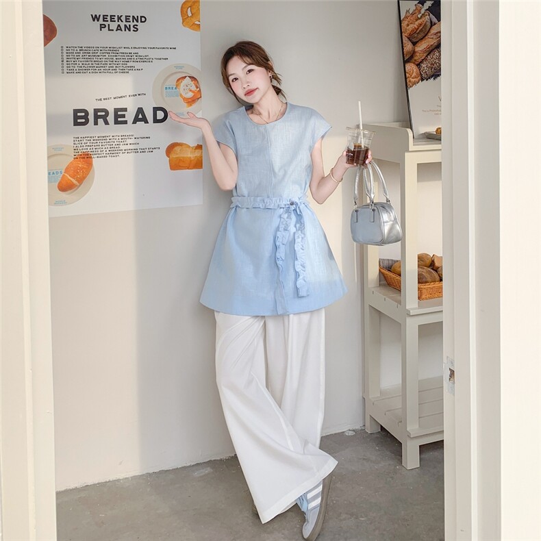蓝色背心套装女2025超火夏日大方得体穿搭一整套休闲阔腿裤两件套,女装套装/套裙,含赞