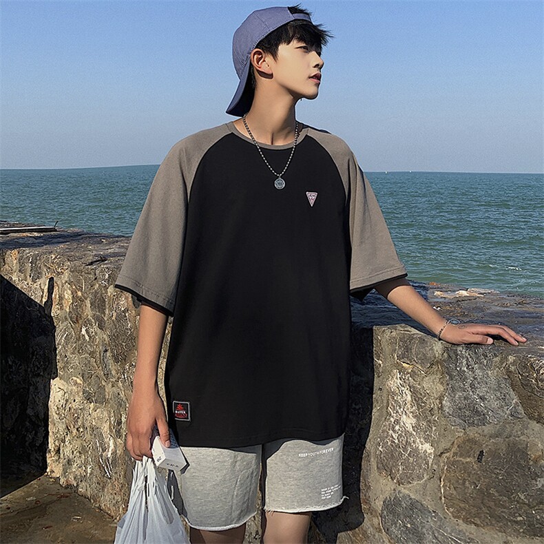 ins火撞色拼接短袖t恤男夏季潮流港风chic五分袖上衣DS343TP25,男装T恤,电商A102