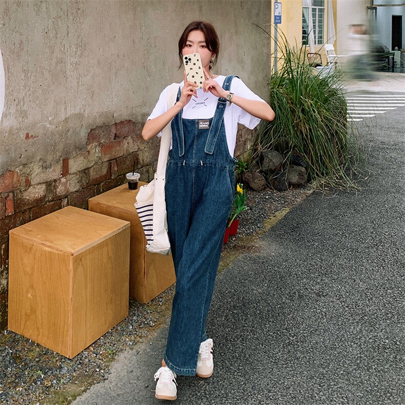 2023夏季新款休闲宽松显瘦牛仔松紧背带裤?纯色短袖T恤两件套女,女装连体裤,辉之琳