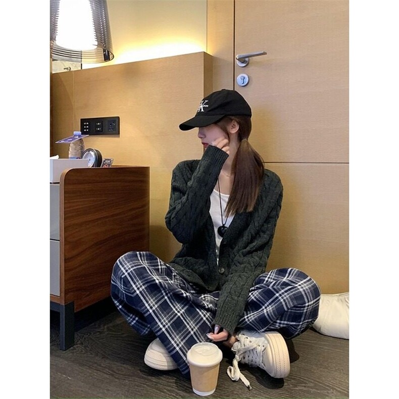 蓝色蕾丝花边格子休闲裤女宽松直筒阔腿裤慵懒高腰长裤LB3877-p40,男装休闲裤,星座1008