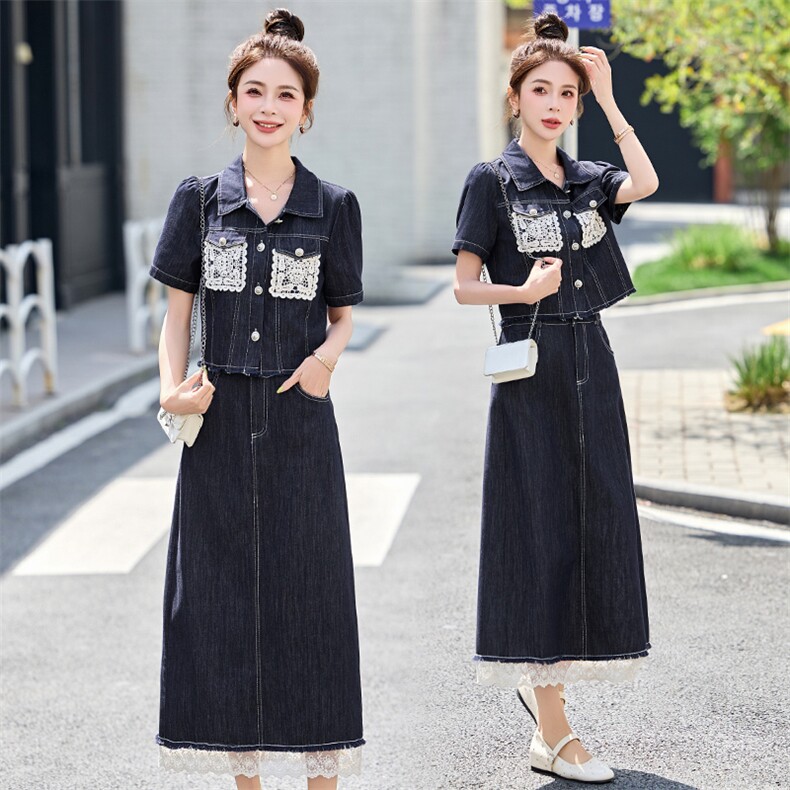 2025夏季新款时尚气质蕾丝拼接牛仔复古洋气套装裙，女装套装/套裙，妙形
