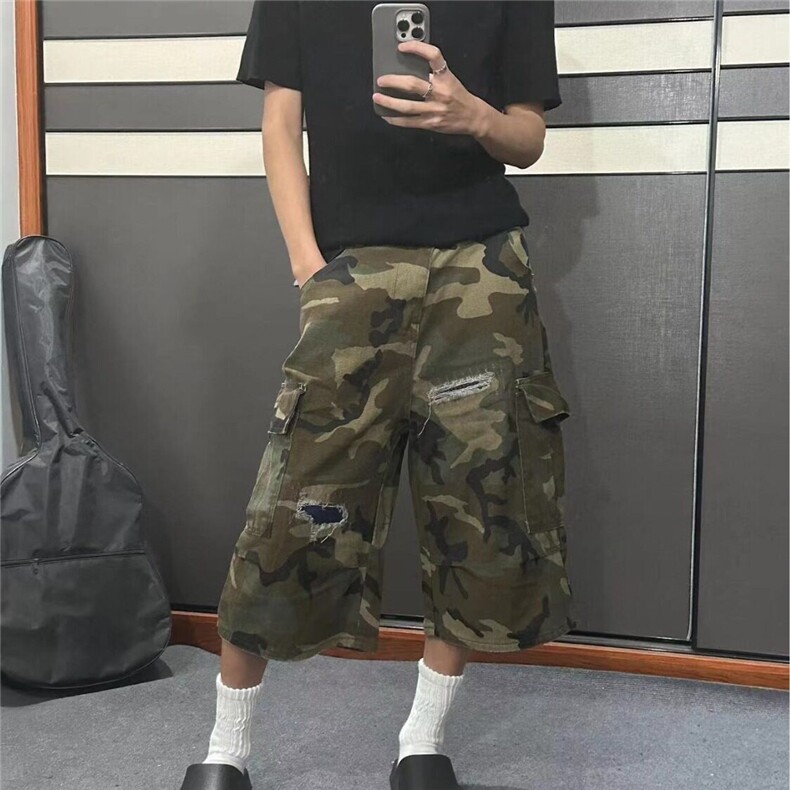春夏季新款补丁破洞迷彩七分裤男女美式复古宽松休闲直筒工装短裤,男装牛仔裤,星座601-1