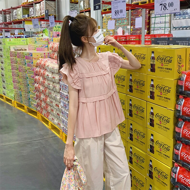 今年流行两件套女2025年夏季新款粉色飞飞袖小衫束脚裤小个子套装,女装套装/套裙,2C037