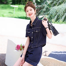 欧货高级感薄款牛仔套装女2025夏季新款小个子网红减龄短裤两件套，女装套装/套裙，意芙