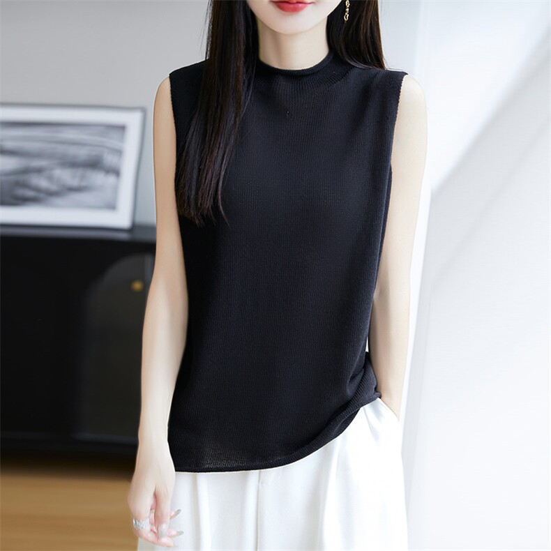 天丝亚麻半高领针织背心女宽松显瘦薄款无袖打底衫简约通勤上衣潮,针织衫/毛衣,朝思羊绒