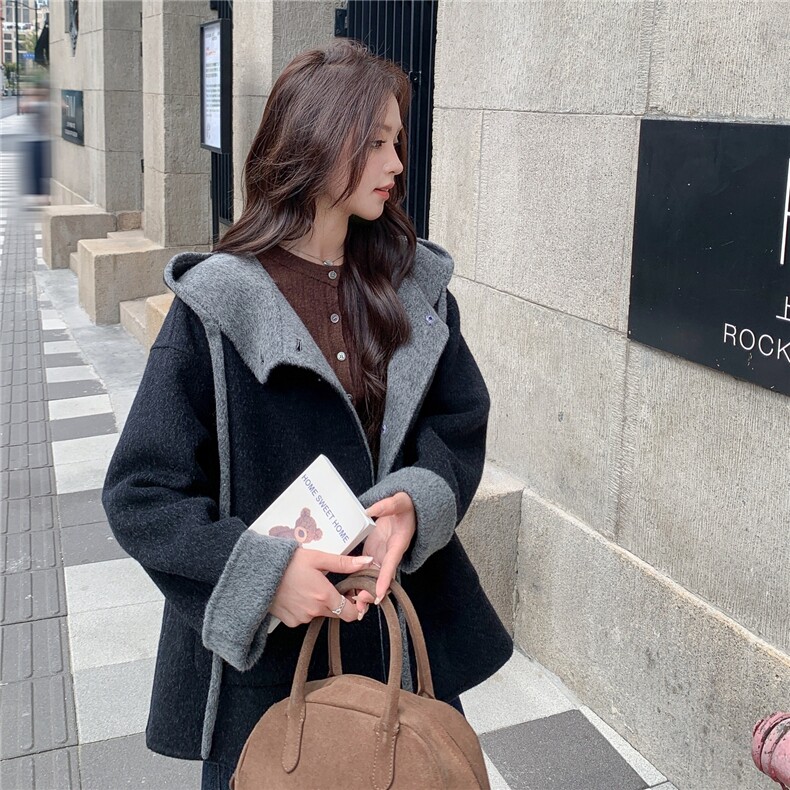 已出带帽撞色呢子大衣2C107-99015-P285-K395,女装羊绒大衣,2C107