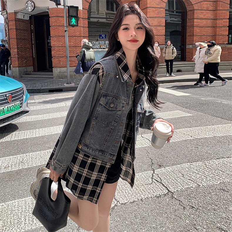 现货-黑白格衬衫+牛仔马甲两件套-款号9906-P145K198,女装套装/套裙,浙宝305
