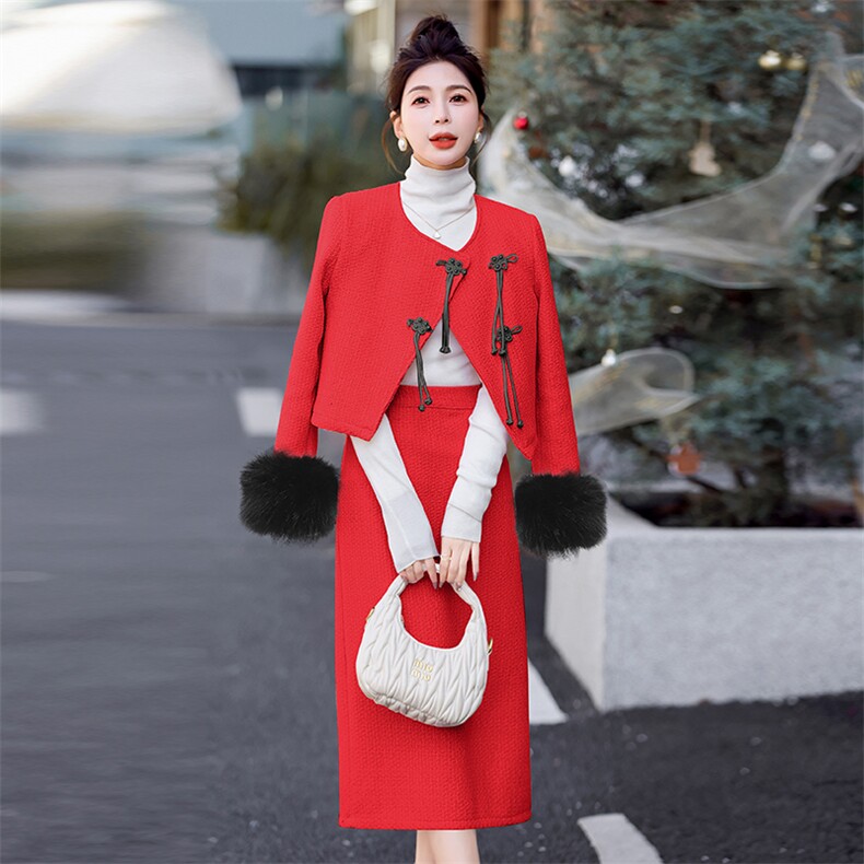 【现货】2024新款冬小香气质时尚保暖加棉套装袖毛可脱卸,女装套装/套裙,丽美静依