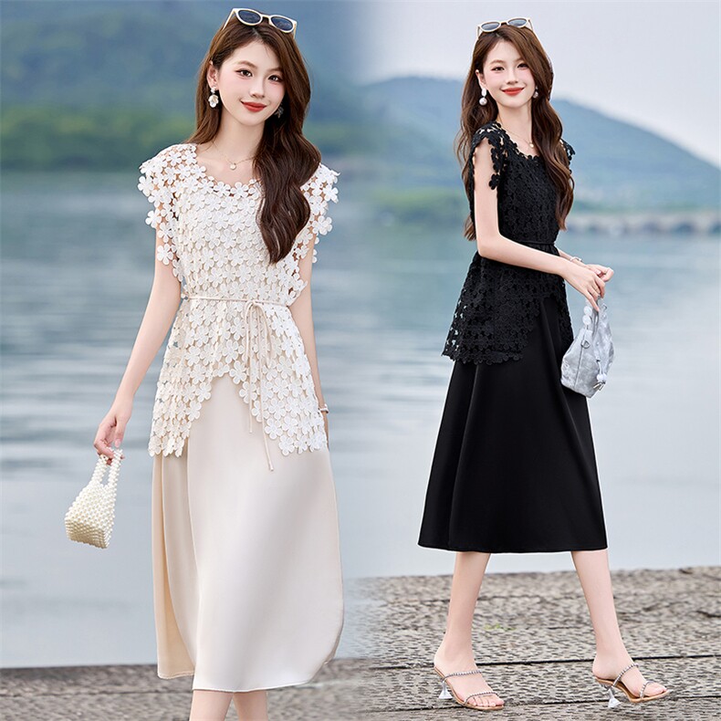 现货2024新品夏时尚镂空花瓣上衣＋吊带连衣裙洋气两件套女HZ0122,女装套装/套裙,丽美静依