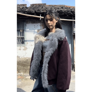 现货重磅硬挺boxy羽绒棉衣座山雕大毛毛领洗水麂皮棉服冬外套图片