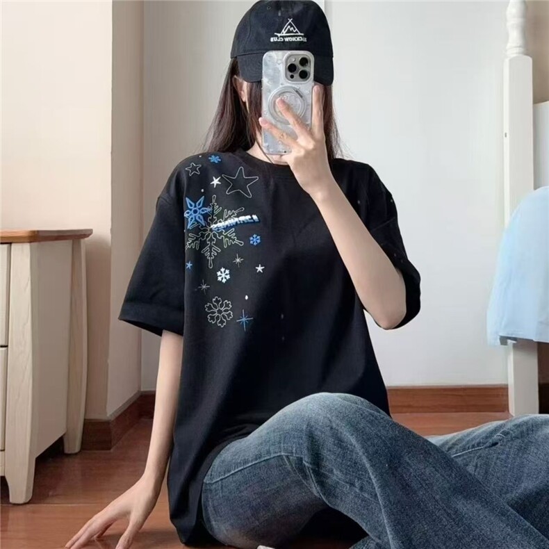 2026重磅纯棉雪花刺绣短袖T恤男女潮情侣装休闲半截袖体恤,男装T恤,星座1210-1