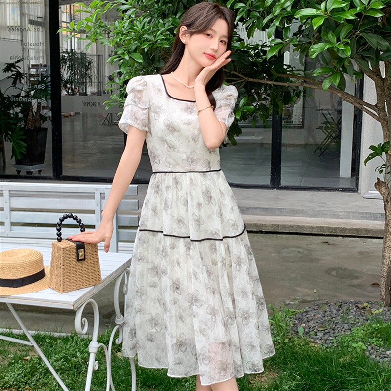 【Miss】蝴蝶结雪纺洋气印花连衣裙2026夏季商场专柜品牌女装，女装连衣裙，心心服饰