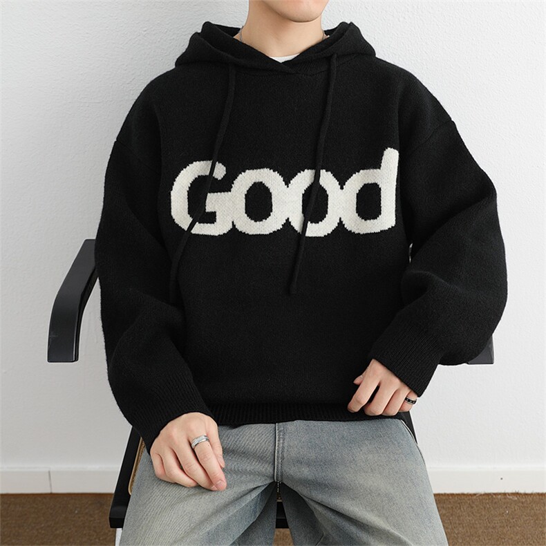 美式复古套头针织帽衫男 GOOD连帽毛衣潮牌秋冬慵懒风情侣外套图片